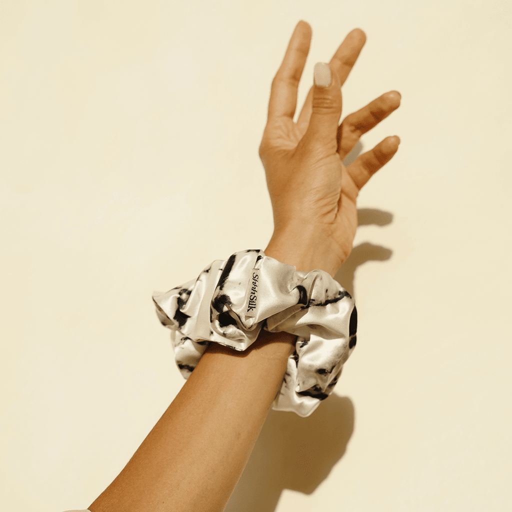 Oversized White Marble Silk Scrunchie