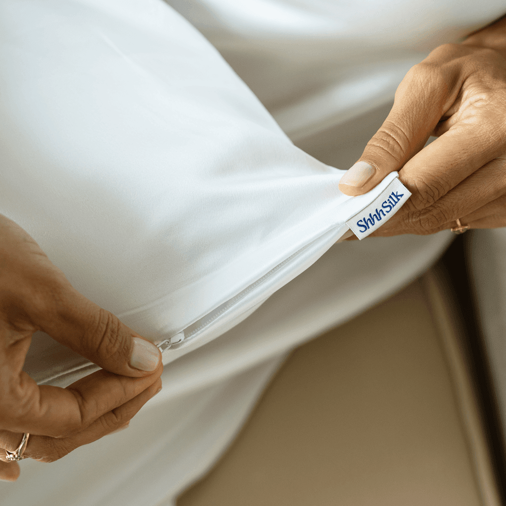 White silk pillowcase with a neutral colour scheme