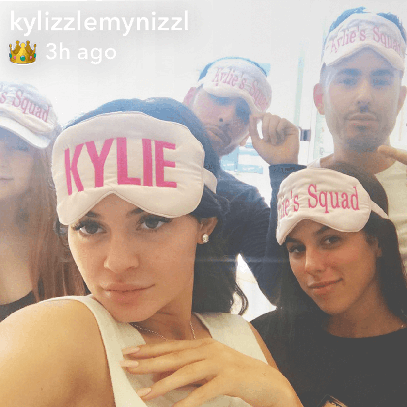 Pink silk sleep mask worn by Kylie Jenner and her team