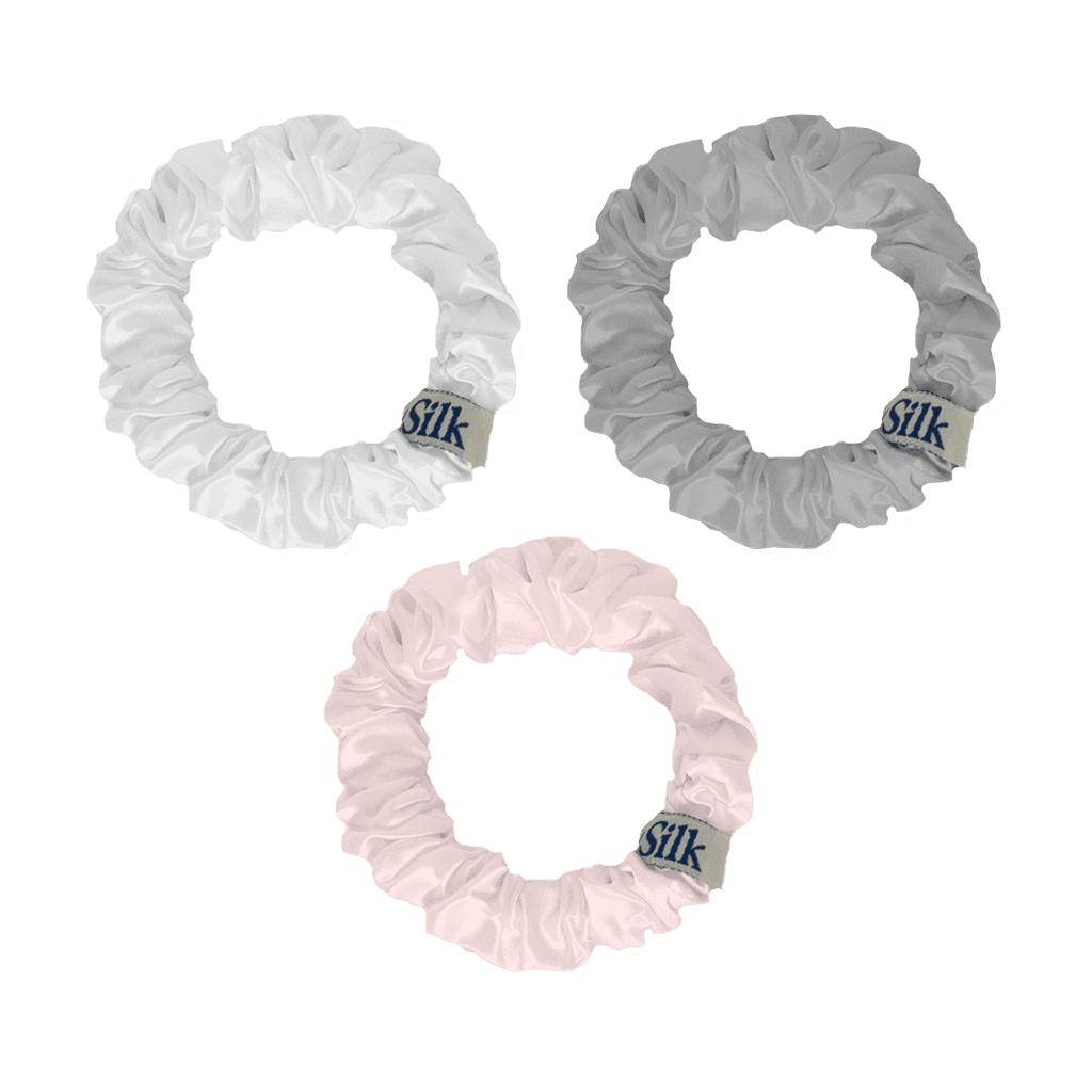 3 Pack Medium Silk Scrunchies - Grey, Pink and Off White