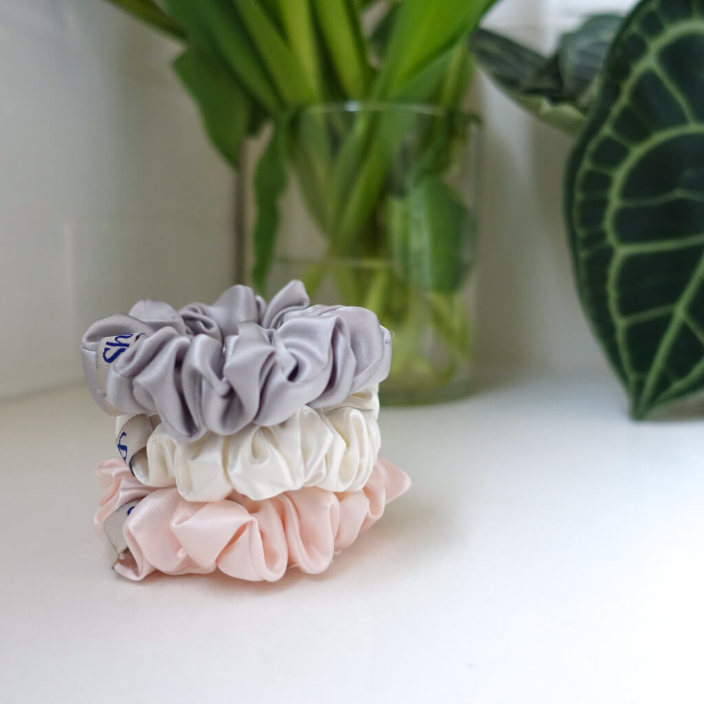 3 Pack Medium Silk Scrunchies - Grey, Pink and Off White